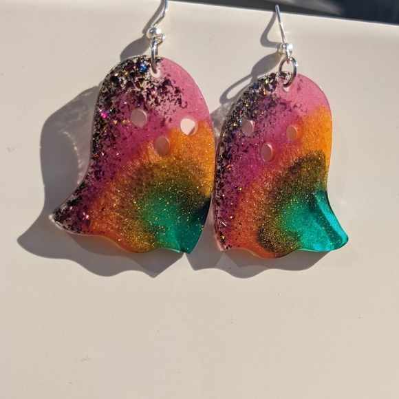 Lightweight Ghost Earrings Sparkly Rainbow Handmade Resin Spooky Goth - Picture 4 of 6